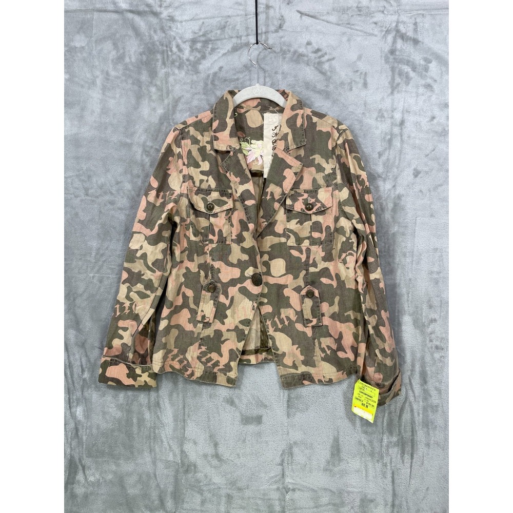 NEW Inspira Women's Size L 100%  Linen Camo Jacket‎ Y2K  MISSING BELT NWT
